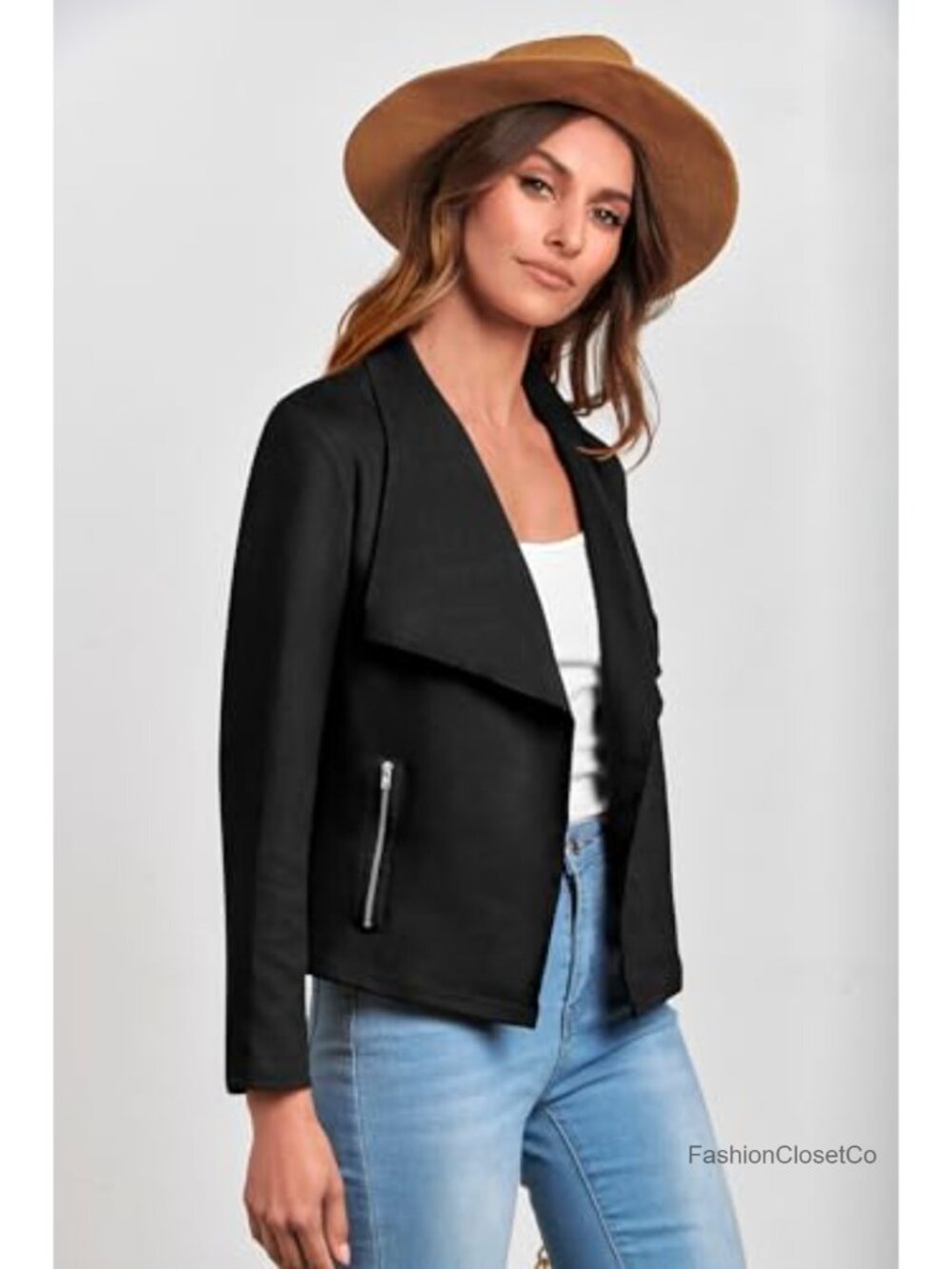 Faux Suede Cropped Jacket Waterfall Collar Open Front Zip Pockets Fall - Picture 2 of 6